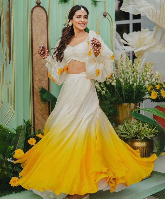 Lehenga Choli Yellow Organza Thread & Sequins Embroidery Work Unstitched