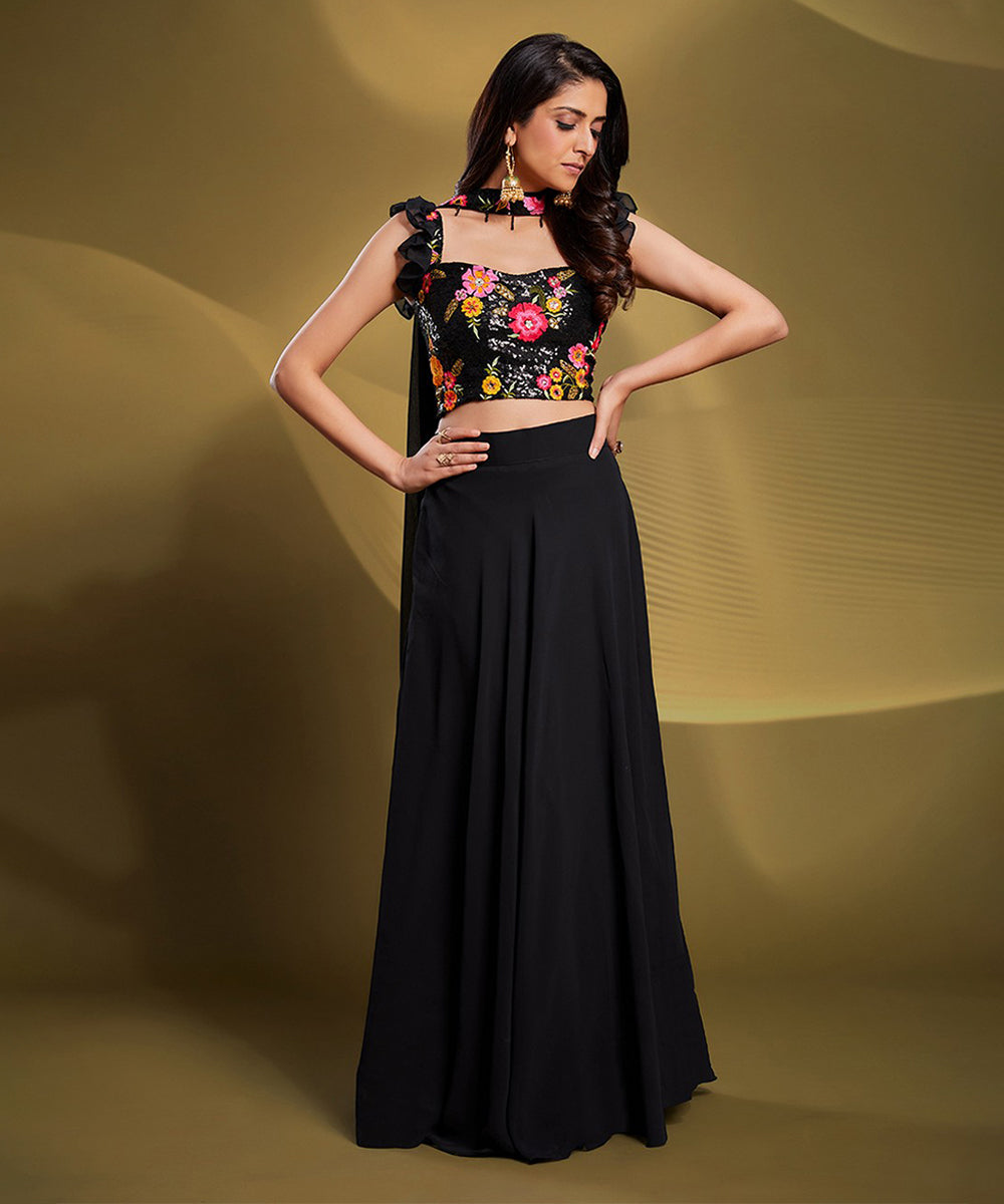 Lehenga Choli Luxury Black Georgette Embroidered with Dupatta Unstitched