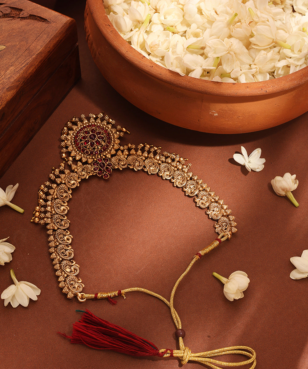 Gold Plated Temple Necklace Set with Peacock Motif