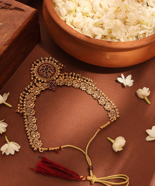Gold Plated Temple Necklace Set with Peacock Motif