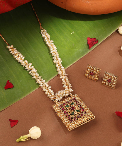 Reversible Pendant with Earrings and Pearl Chain Necklace