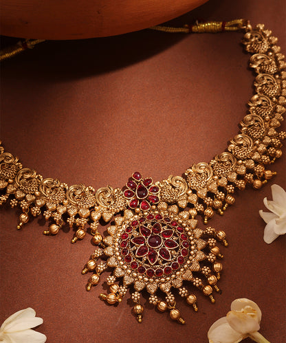 Gold Plated Temple Necklace Set with Peacock Motif