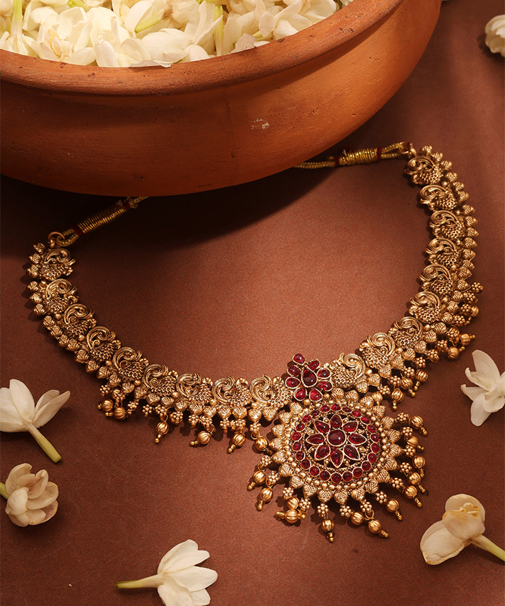Gold Plated Temple Necklace Set with Peacock Motif