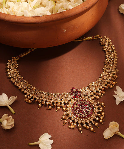Gold Plated Temple Necklace Set with Peacock Motif