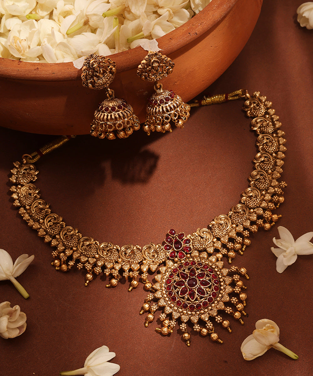 Gold Plated Temple Necklace Set with Peacock Motif