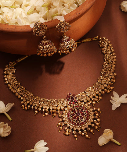 Gold Plated Temple Necklace Set with Peacock Motif