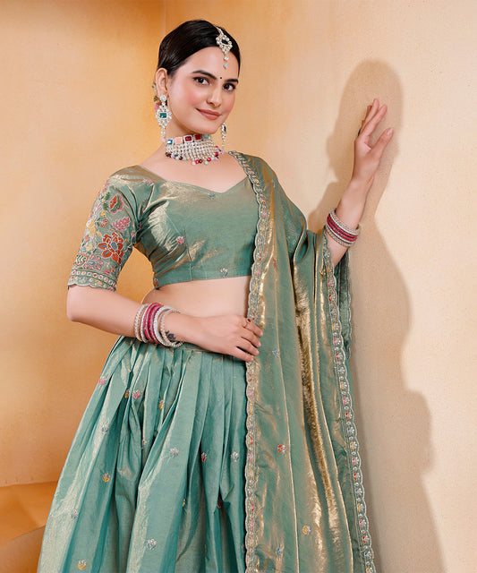 Lehenga Choli Green Art Silk Embroidered with Dupatta Unstitched