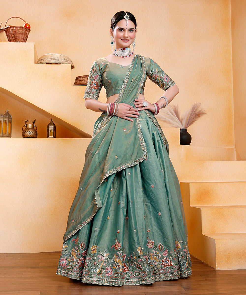Lehenga Choli Green Art Silk Embroidered with Dupatta Unstitched