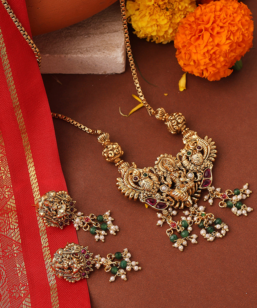 Gold Plated Lakshmi Pendant Necklace Set
