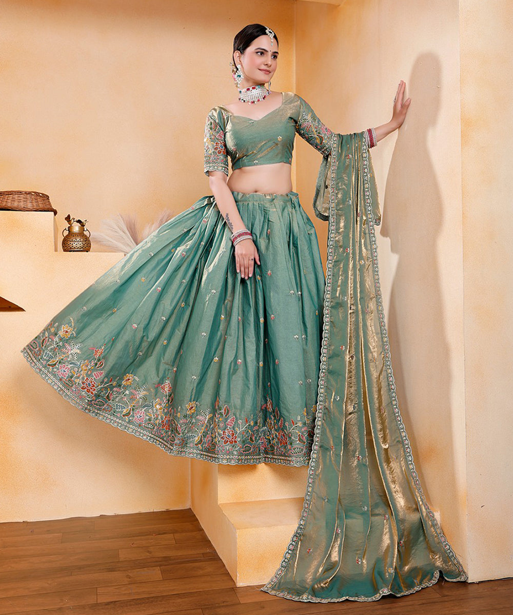 Lehenga Choli Green Art Silk Embroidered with Dupatta Unstitched