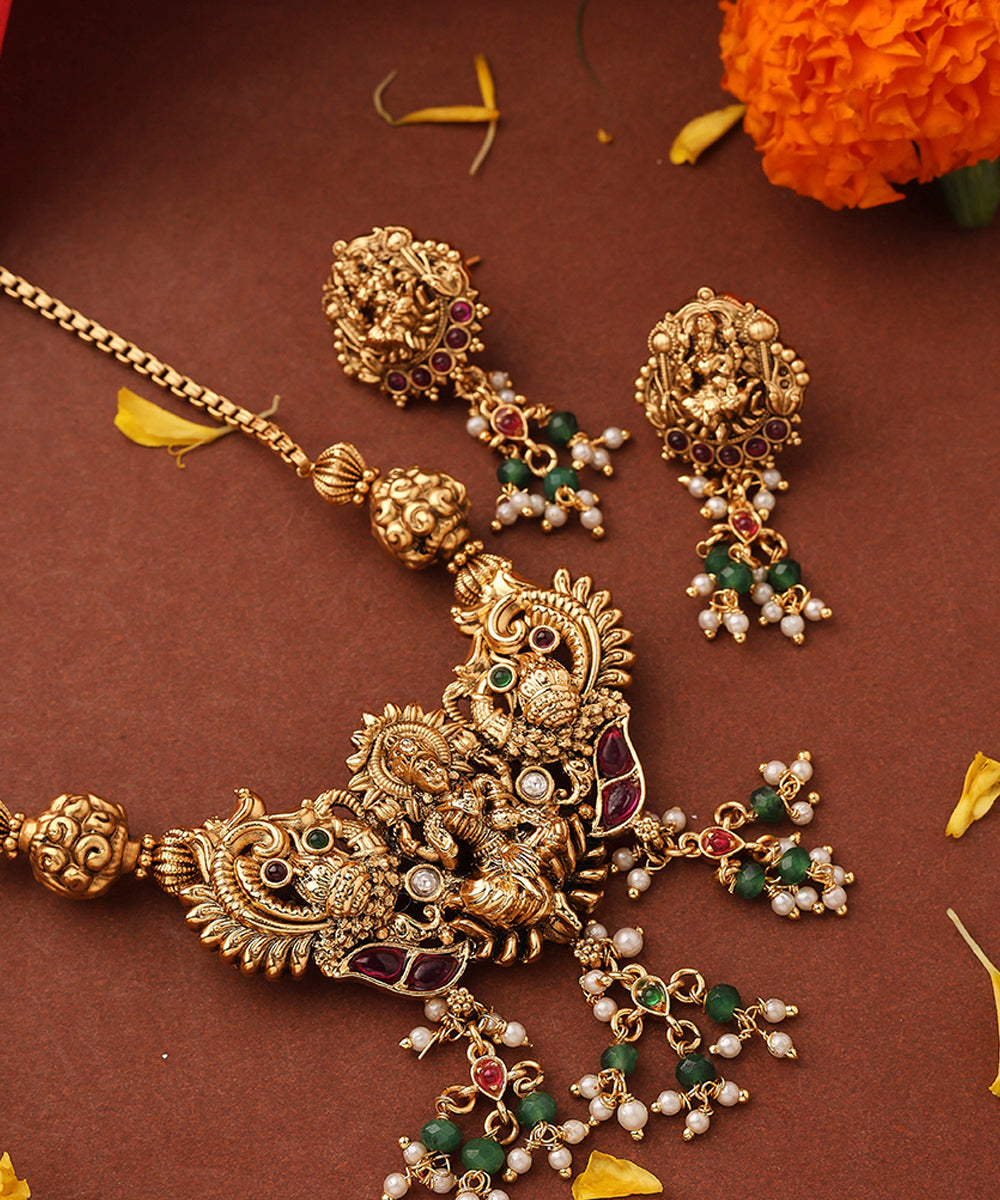 Gold Plated Lakshmi Pendant Necklace Set
