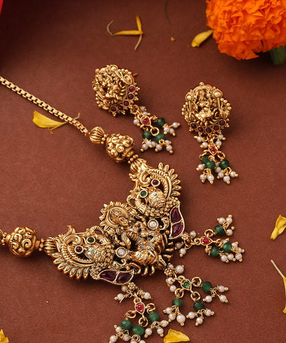 Gold Plated Lakshmi Pendant Necklace Set