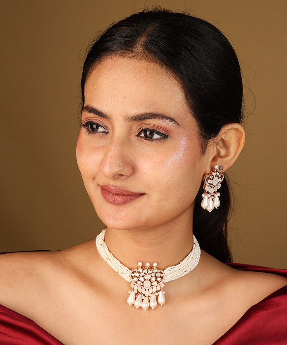 Curvy Pendant Necklace with Miniature White Bead Chain and Raindrop Jhumkis
