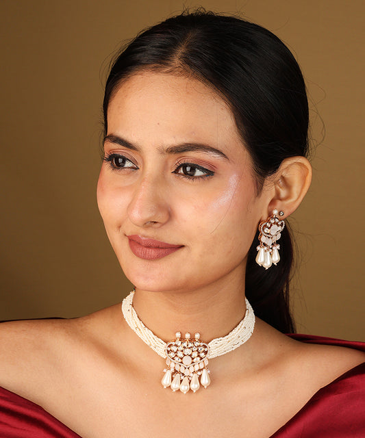 Curvy Pendant Necklace with Miniature White Bead Chain and Raindrop Jhumkis