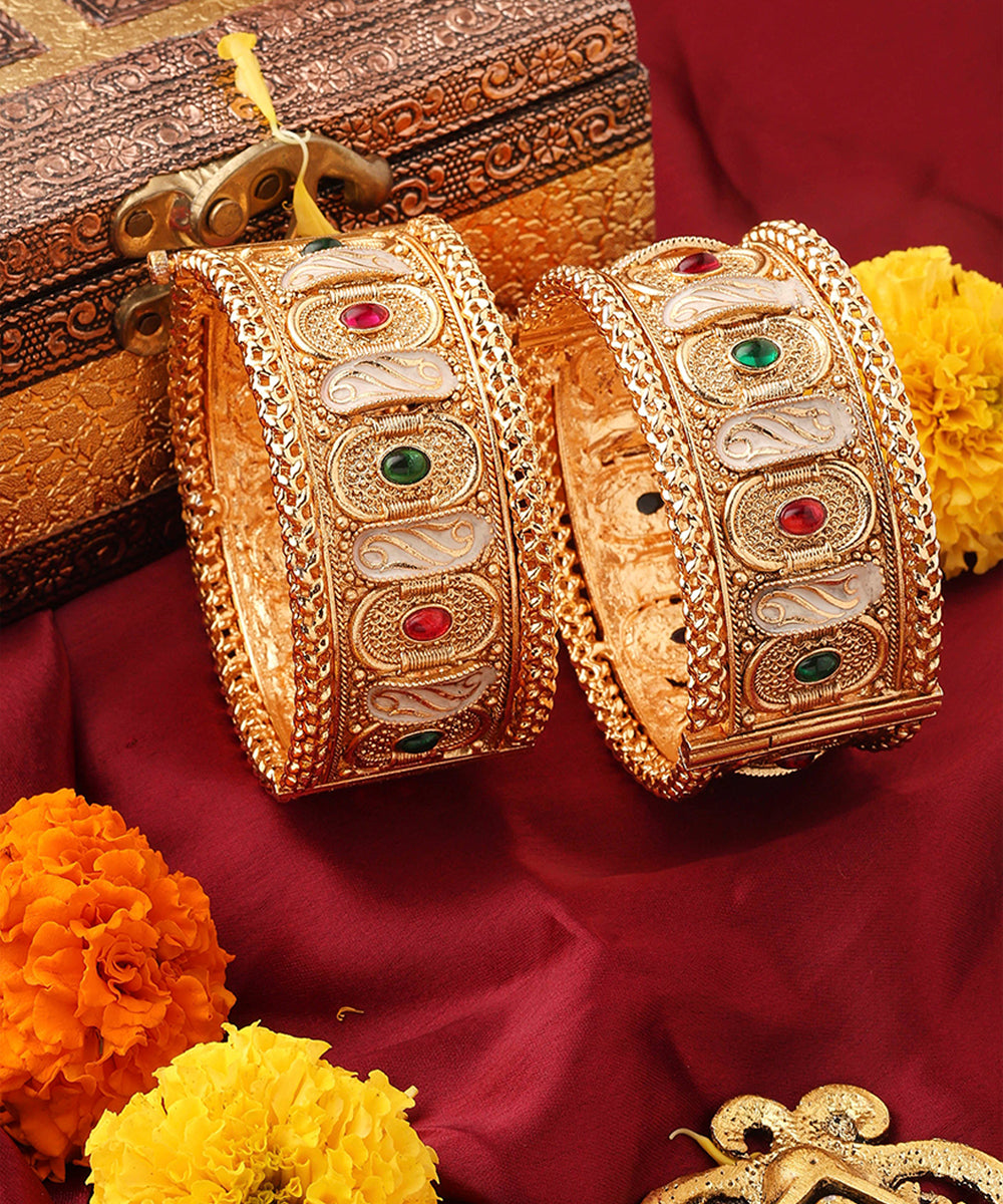 Gold Plated Rajwadi Meenakari Statement Bangles