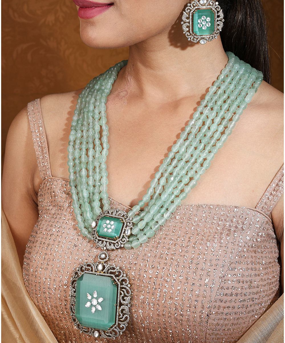 Long Maharani Haar with Mint Green Beads and Statement Pendant
