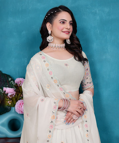 Lehenga Choli White Georgette Embroidered with Dupatta Unstitched