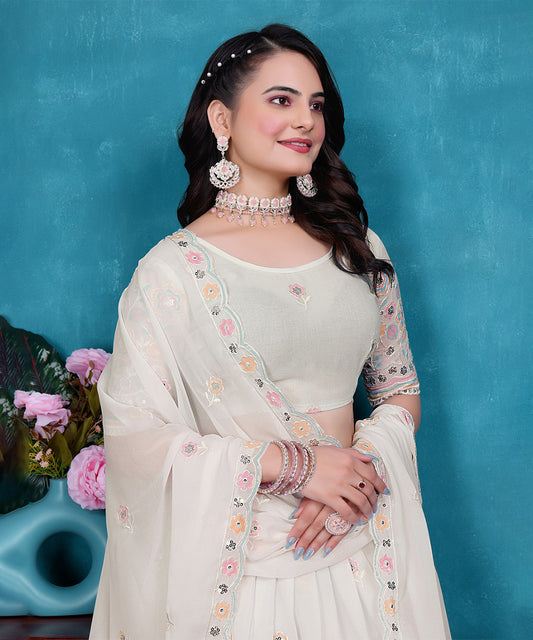 Lehenga Choli White Georgette Embroidered with Dupatta Unstitched