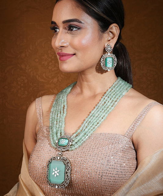 Long Maharani Haar with Mint Green Beads and Statement Pendant