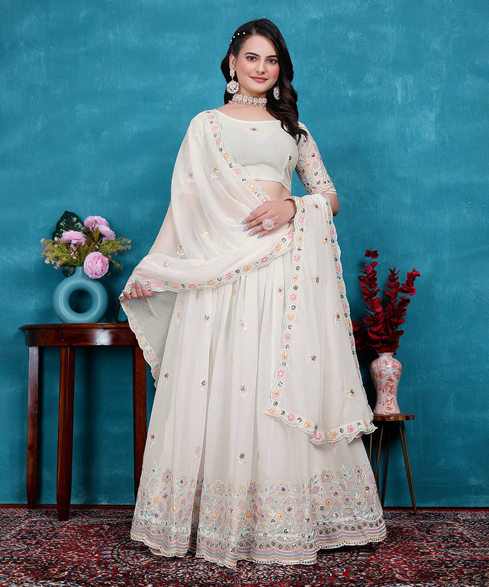 Lehenga Choli White Georgette Embroidered with Dupatta Unstitched