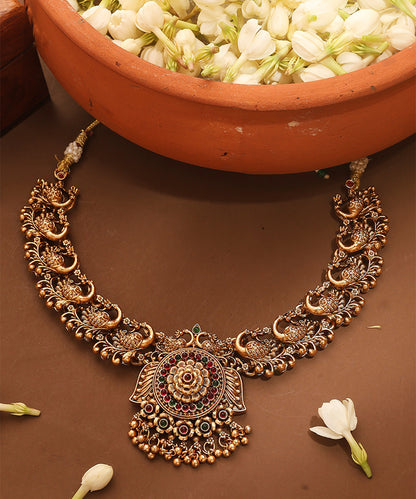 Gold Plated Temple Necklace Set with Peacock Motif