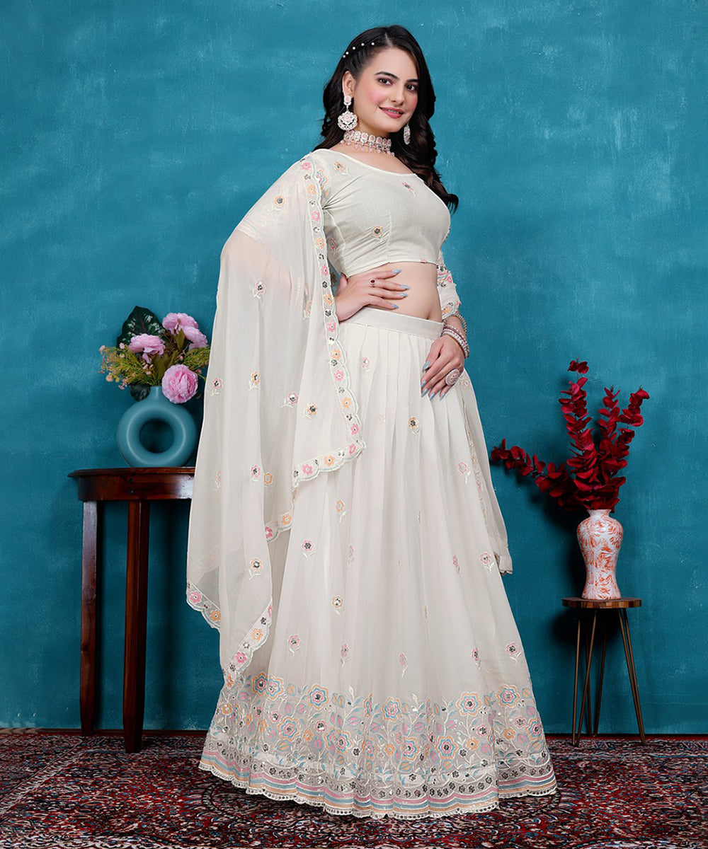 Lehenga Choli White Georgette Embroidered with Dupatta Unstitched