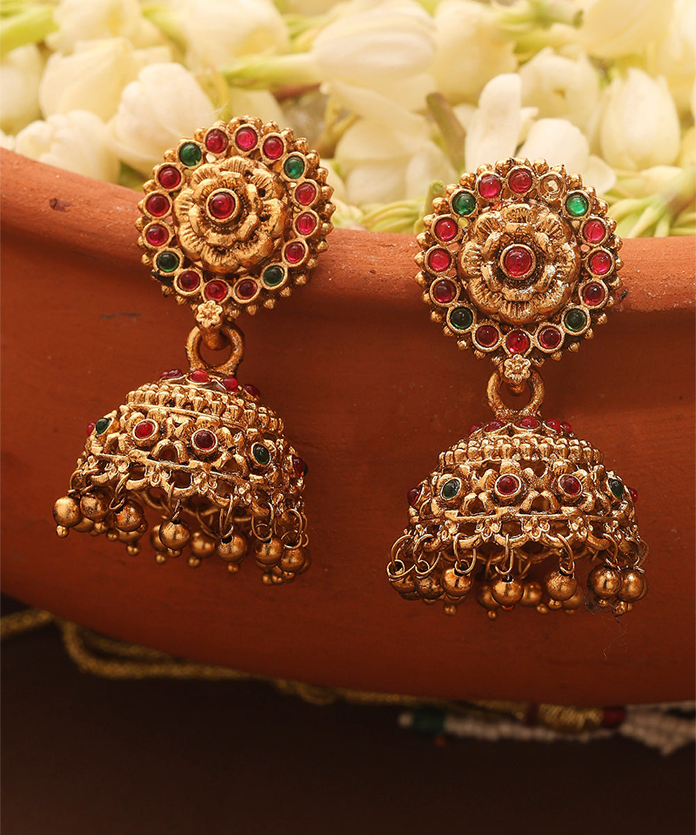 Gold Plated Temple Necklace Set with Peacock Motif