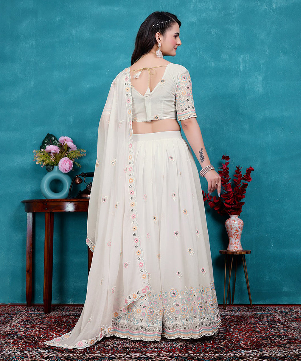 Lehenga Choli White Georgette Embroidered with Dupatta Unstitched