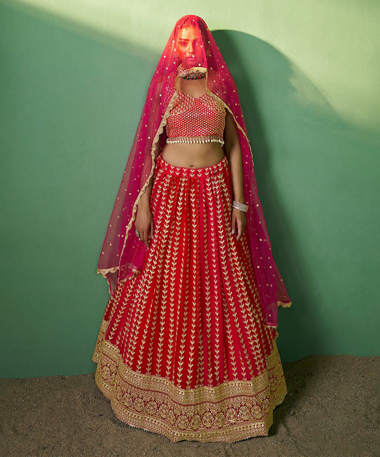 Lehenga Choli Red Georgette Embroidered with Dupatta Unstitched