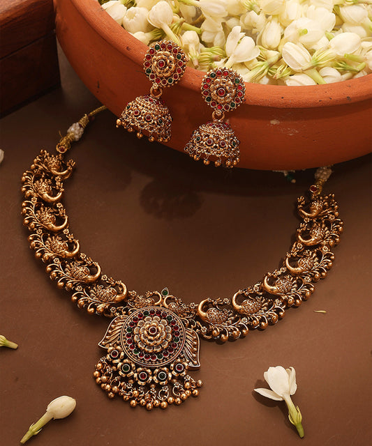 Gold Plated Temple Necklace Set with Peacock Motif