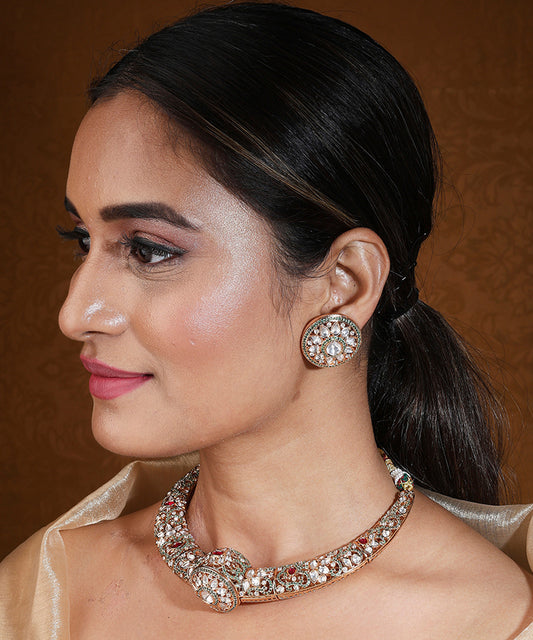 Statement Hasli Necklace with Red and Green American Diamond Stones and Stud Earrings