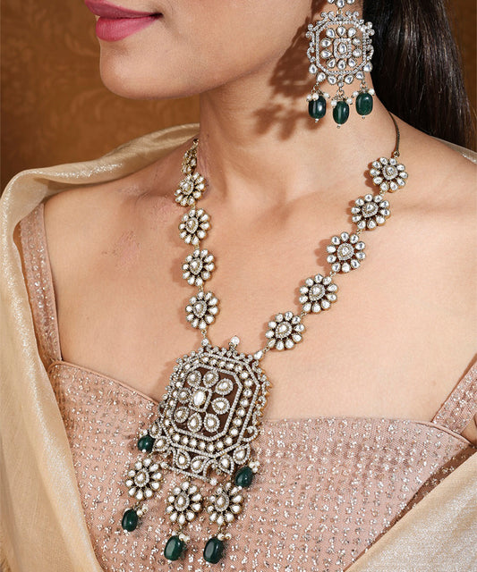 American Diamond Stone Necklace with Green Drops