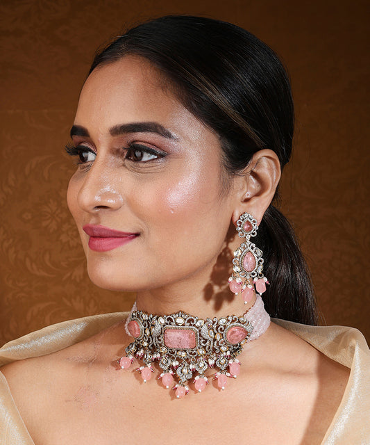 Statement Choker with Pink Stones and American Diamond Accents
