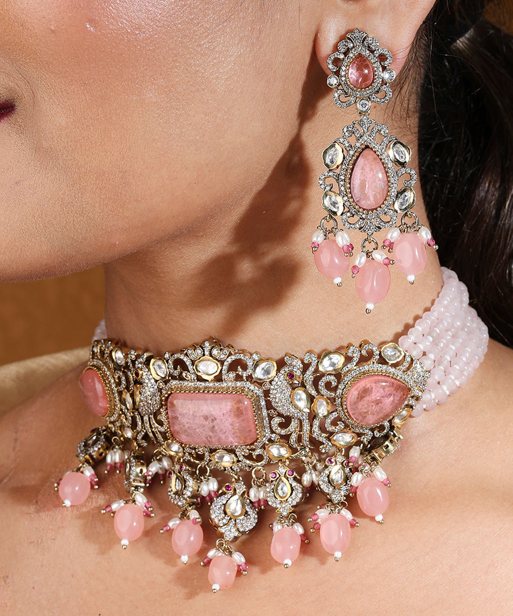 Statement Choker with Pink Stones and American Diamond Accents