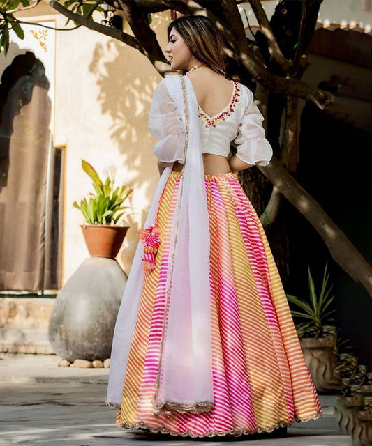 Lehenga Choli Multicolor Art Silk Digital Leheriya Printed Unstitched
