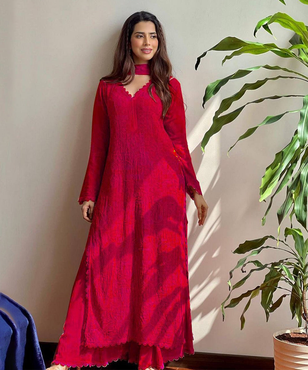 Kurta Set Red Georgette with Bottom and Dupatta