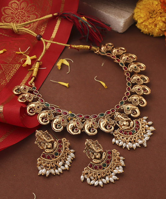 Gold Plated Ganpati Motif Choker Necklace Set