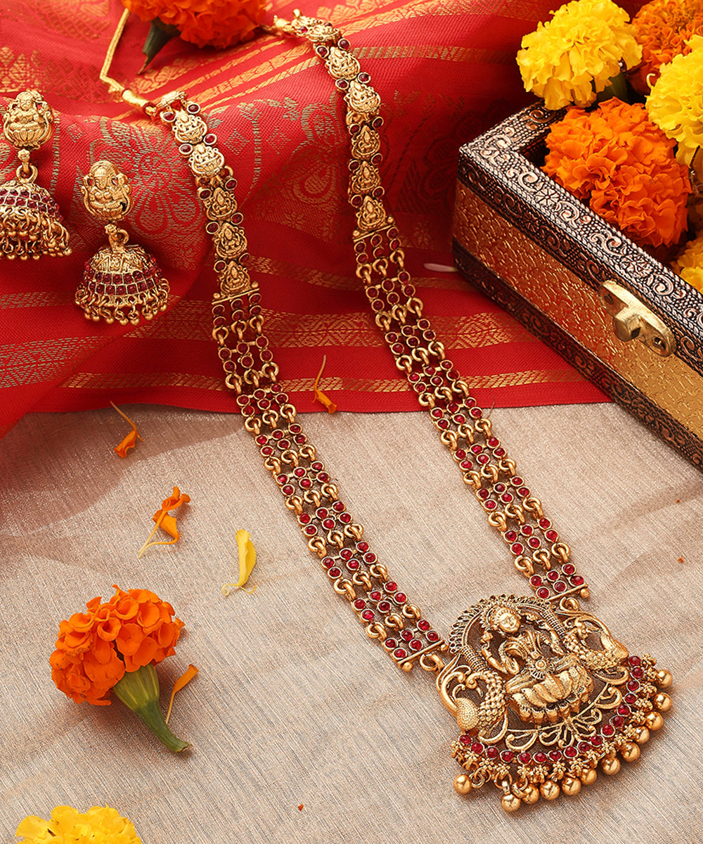 Temple Jewellery Long Necklace with Goddess Lakshmi Pendant