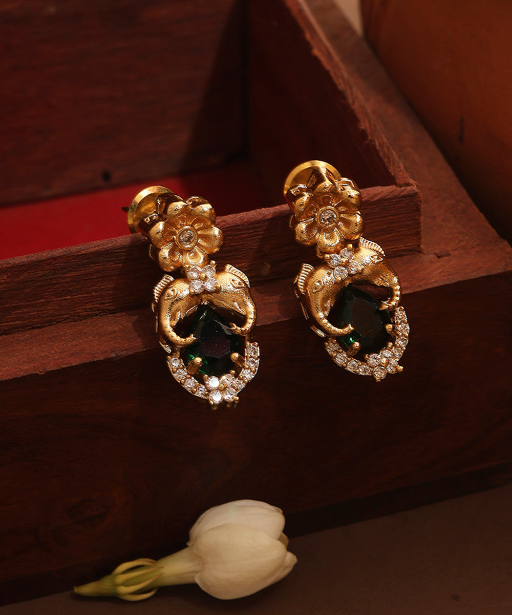 Gold Plated Chain with Emerald Stone Pendant and Elephant Carving