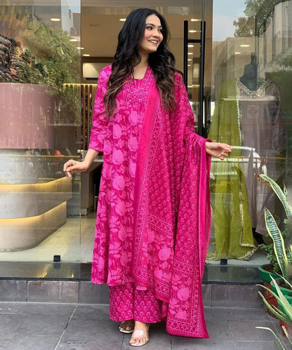 Anarkali Set Pink Printed Rayon