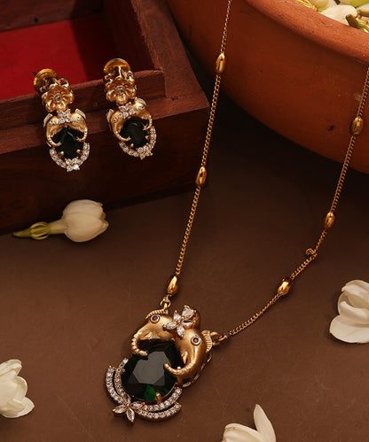 Gold Plated Chain with Emerald Stone Pendant and Elephant Carving