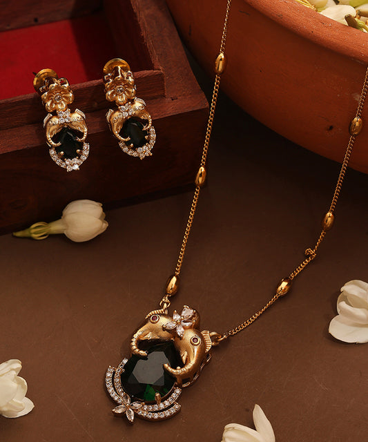 Gold Plated Chain with Emerald Stone Pendant and Elephant Carving