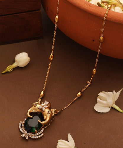 Gold Plated Chain with Emerald Stone Pendant and Elephant Carving