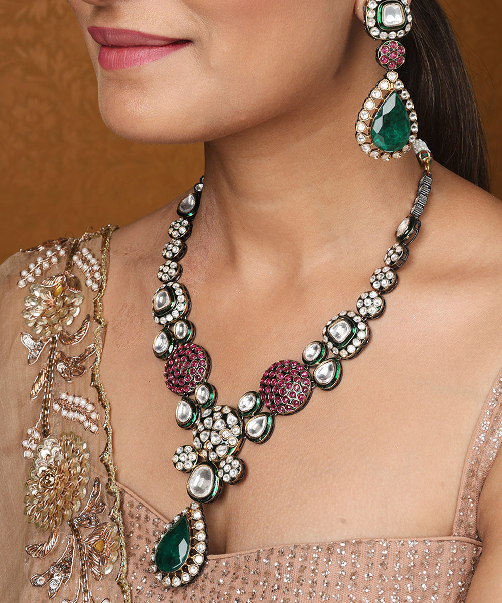 Jaipur Jadau Work Necklace Set with Earrings and Maang Tikka in Kundan Stones