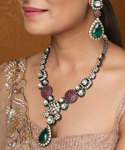 Jaipur Jadau Work Necklace Set with Earrings and Maang Tikka in Kundan Stones