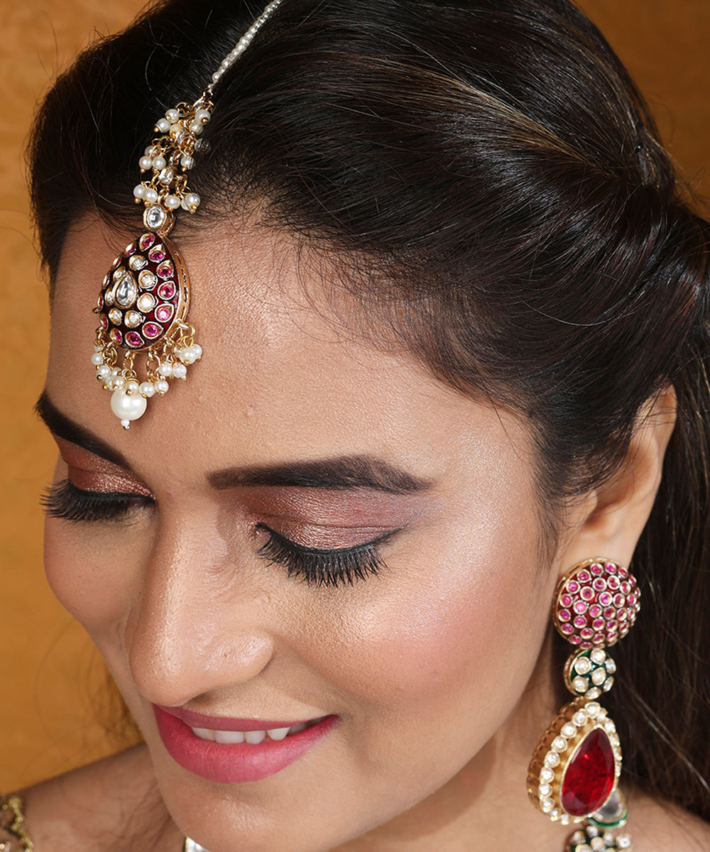 Jaipur Jadau Work Necklace Set with Red Stones Earrings and Maang Tikka in Kundan