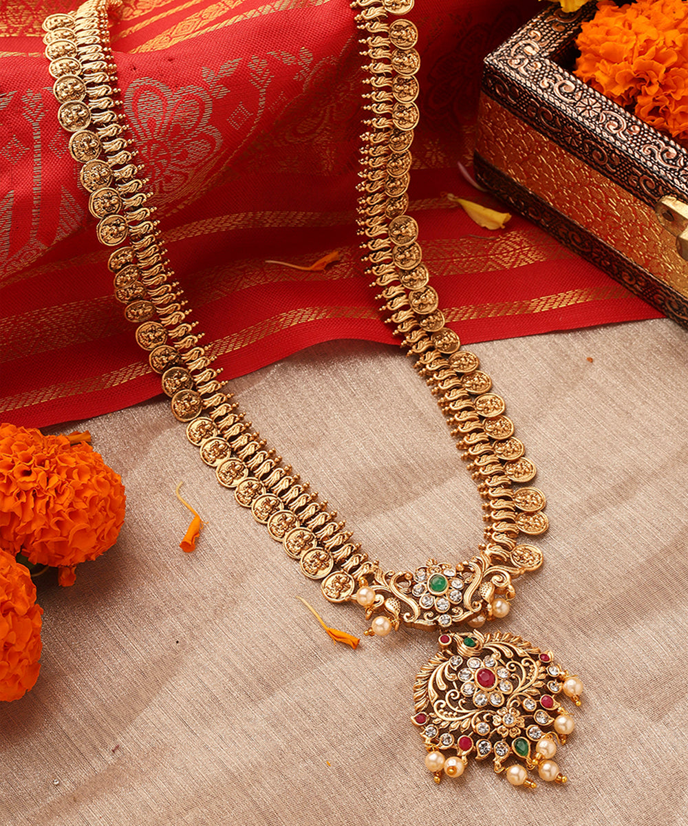 Royal Temple Jewellery Long Coin Necklace with Intricate Pendant