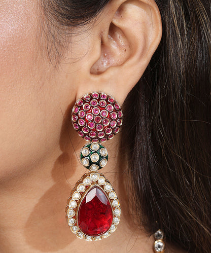 Jaipur Jadau Work Necklace Set with Red Stones Earrings and Maang Tikka in Kundan