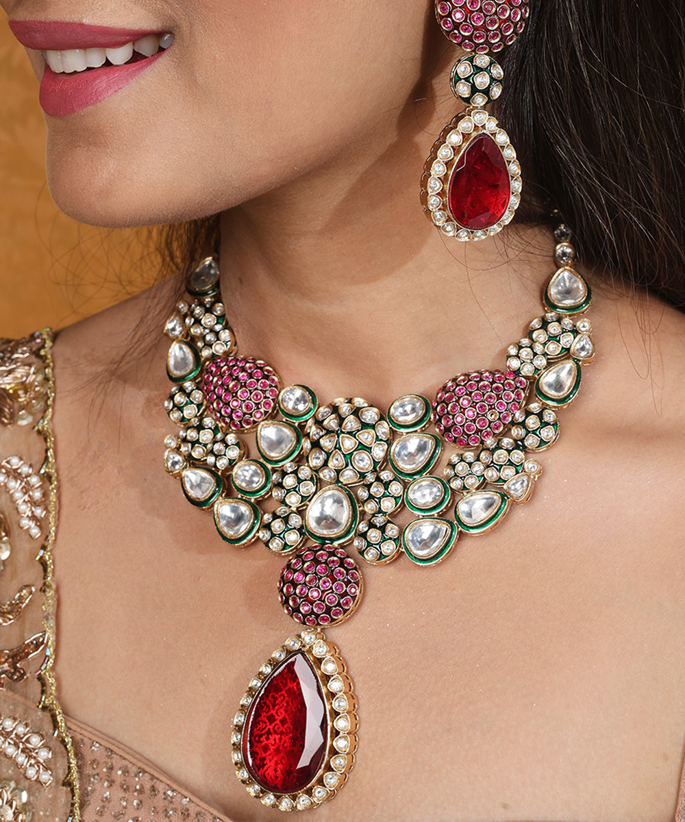 Jaipur Jadau Work Necklace Set with Red Stones Earrings and Maang Tikka in Kundan