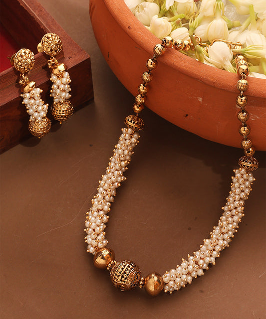 Gold Plated Pearl Necklace with Ball Pendant